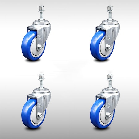 Service Caster 4 Inch SS Blue Polyurethane Wheel Swivel 3/8 Inch Threaded Stem Caster Set SCC SCC-SSTS20S414-PPUB-BLUE-381615-4